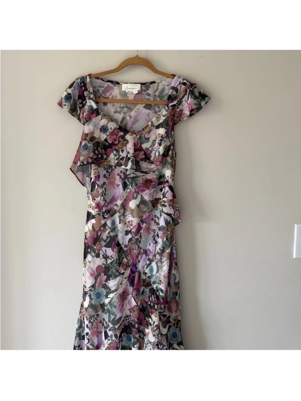 By Anthropologie Floral Ruffle Maxi Dress Asymmetrical Size Small Front Split